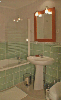 Une des 2 salles de bains avec wc, chacune a des tons assortis à ceux de sa chambre.
